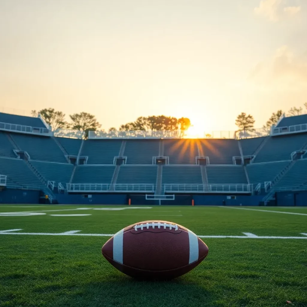 An empty football field in Harford County at sunset