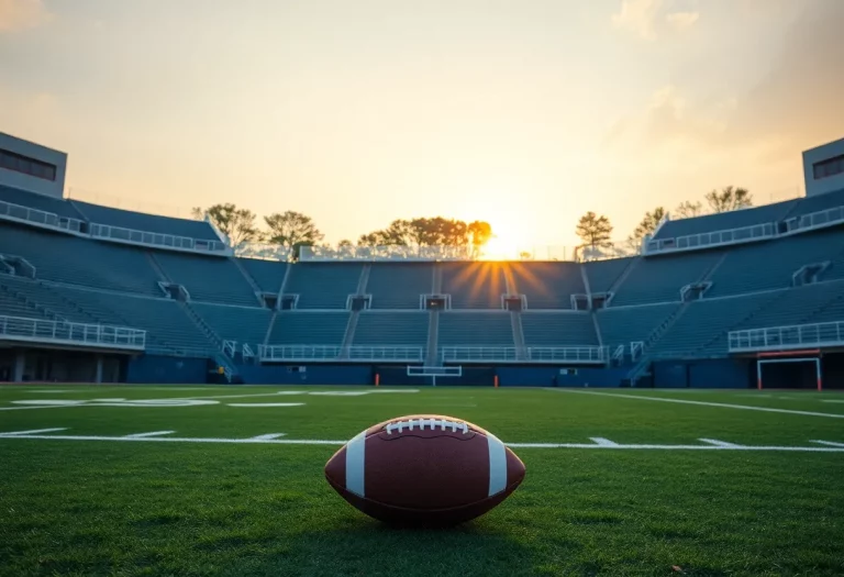 An empty football field in Harford County at sunset