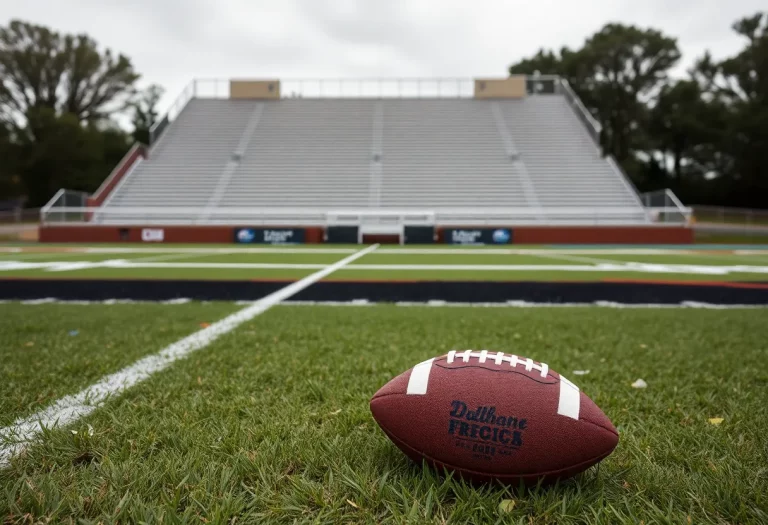 Empty bleachers on a high school football field with a football on the grass