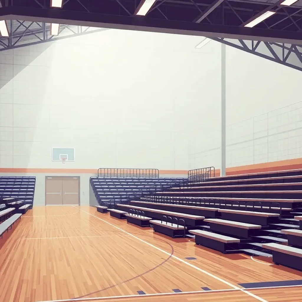 A quiet and empty high school gymnasium representing the aftermath of a controversy.
