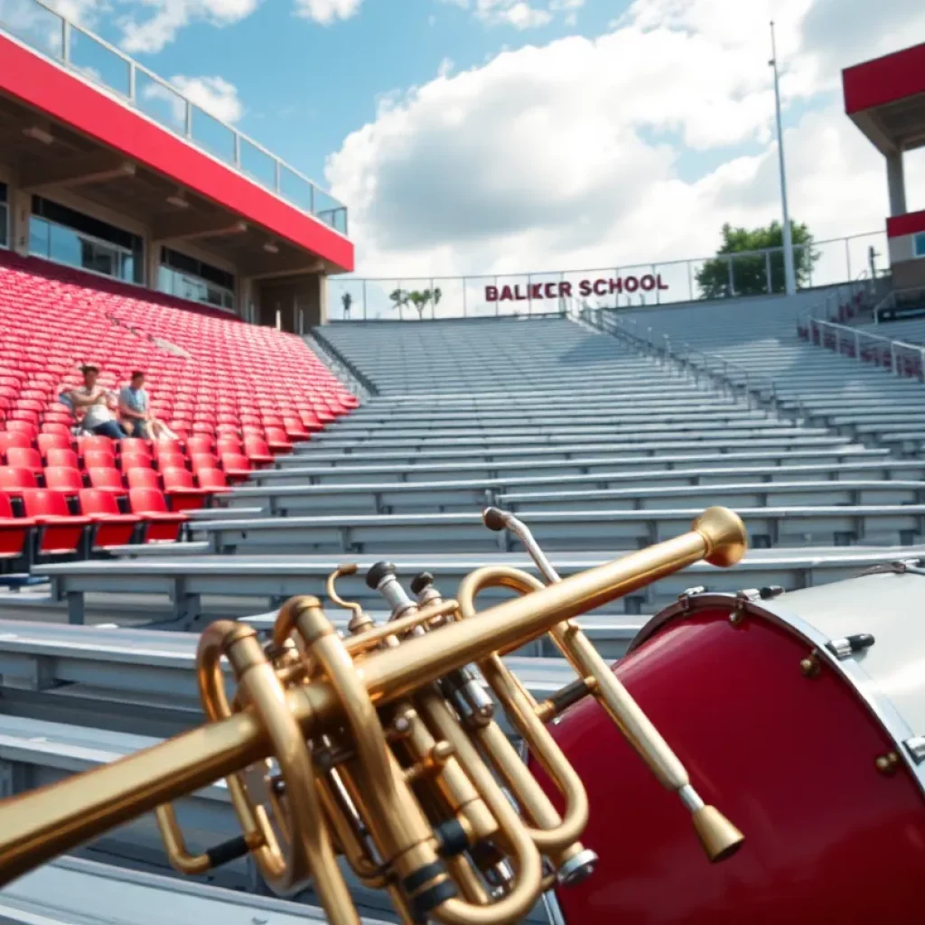 Empty stadium seats with musical instruments in foreground