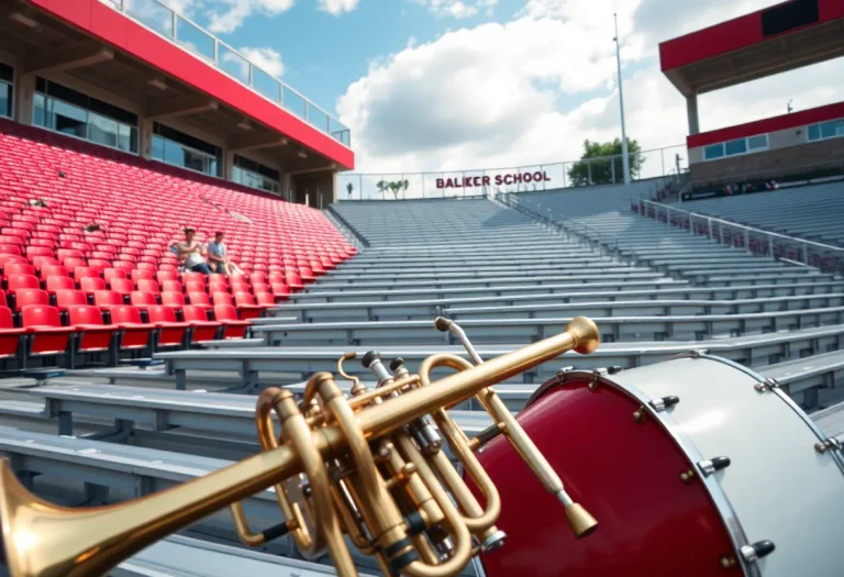 Empty stadium seats with musical instruments in foreground