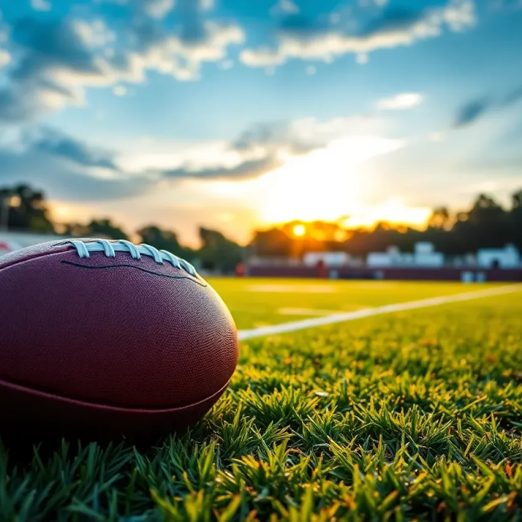 Sunset over Fairfax High School football field with a football