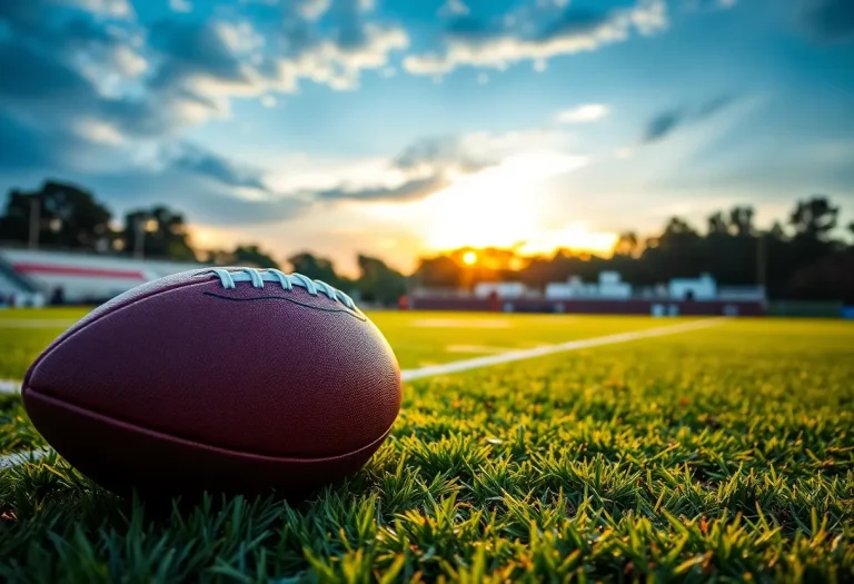 Sunset over Fairfax High School football field with a football