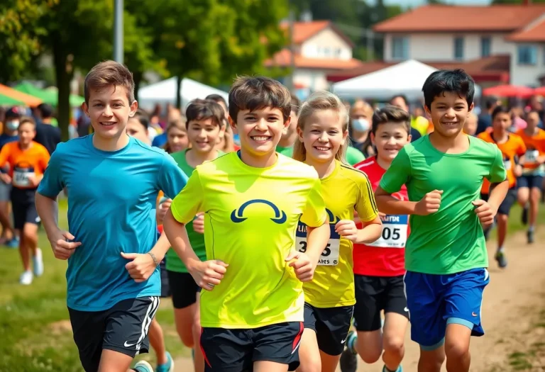 Junior runners practicing cross country with enthusiasm