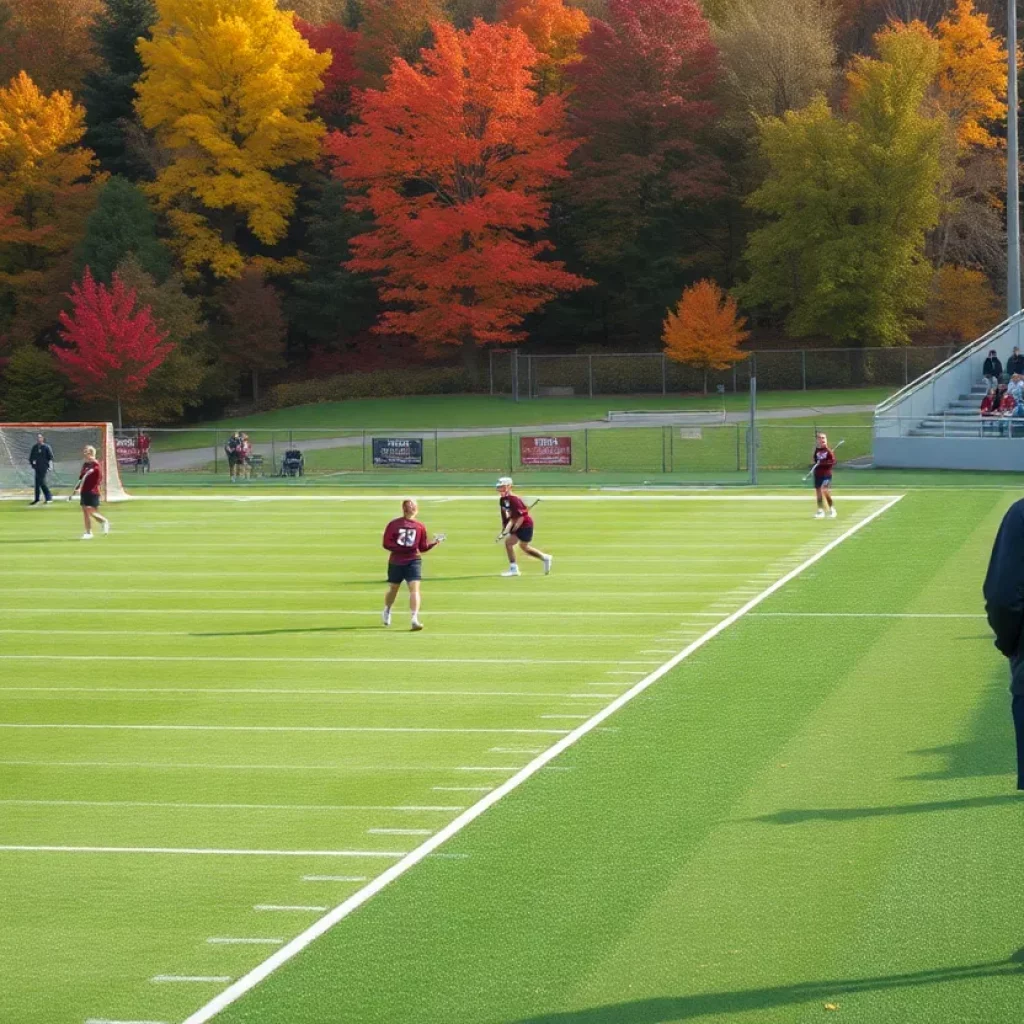 Lacrosse teams practicing on a colorful fall day