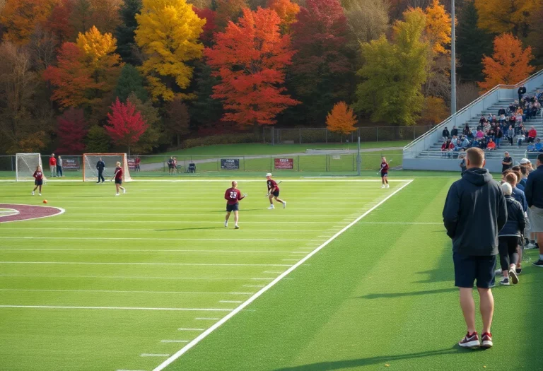 Lacrosse teams practicing on a colorful fall day