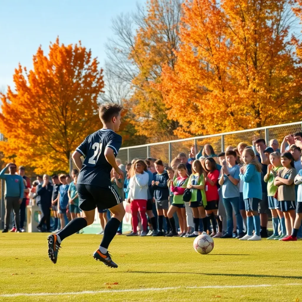 High school soccer players in action during fall season in Massachusetts.