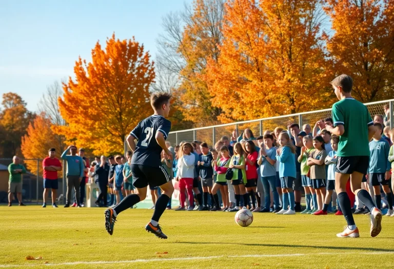 High school soccer players in action during fall season in Massachusetts.