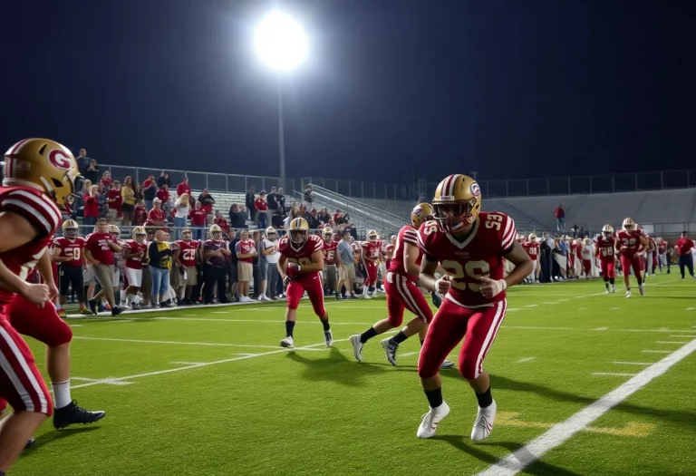 High school football players in action during a game in the Rio Grande Valley