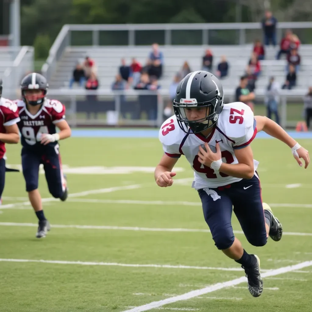 Junior varsity football players during a game focusing on safety