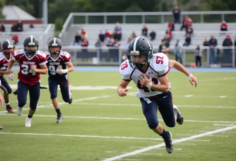 Junior varsity football players during a game focusing on safety
