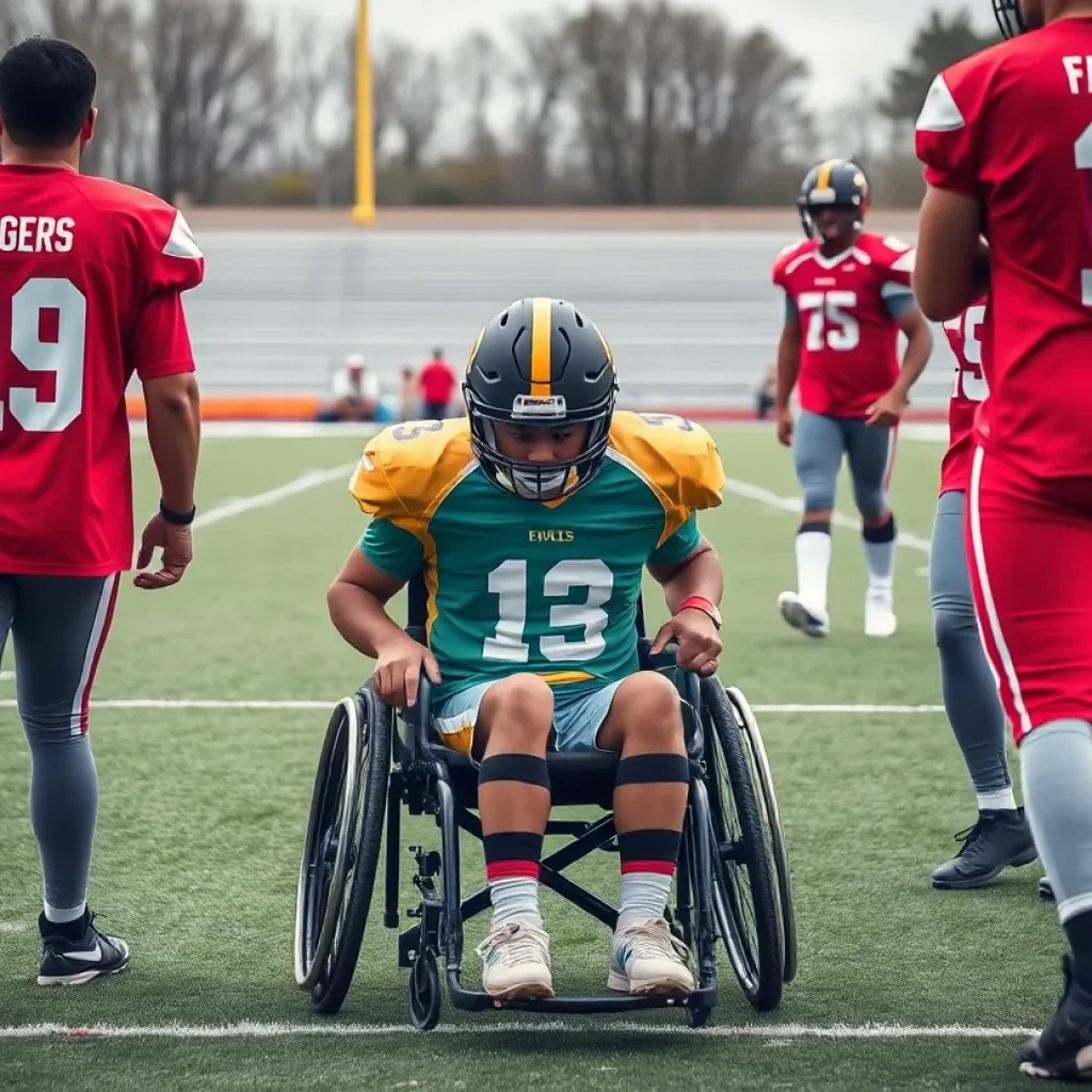 Football players showing support for an injured teammate in a wheelchair