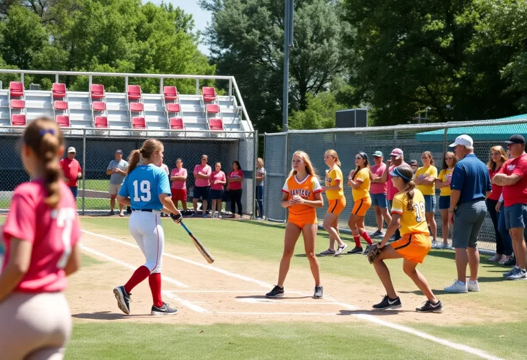 Girls playing softball during the Iowa State Tournament in Fort Dodge.