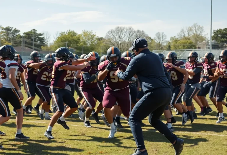 High school football practice scene illustrating chaos