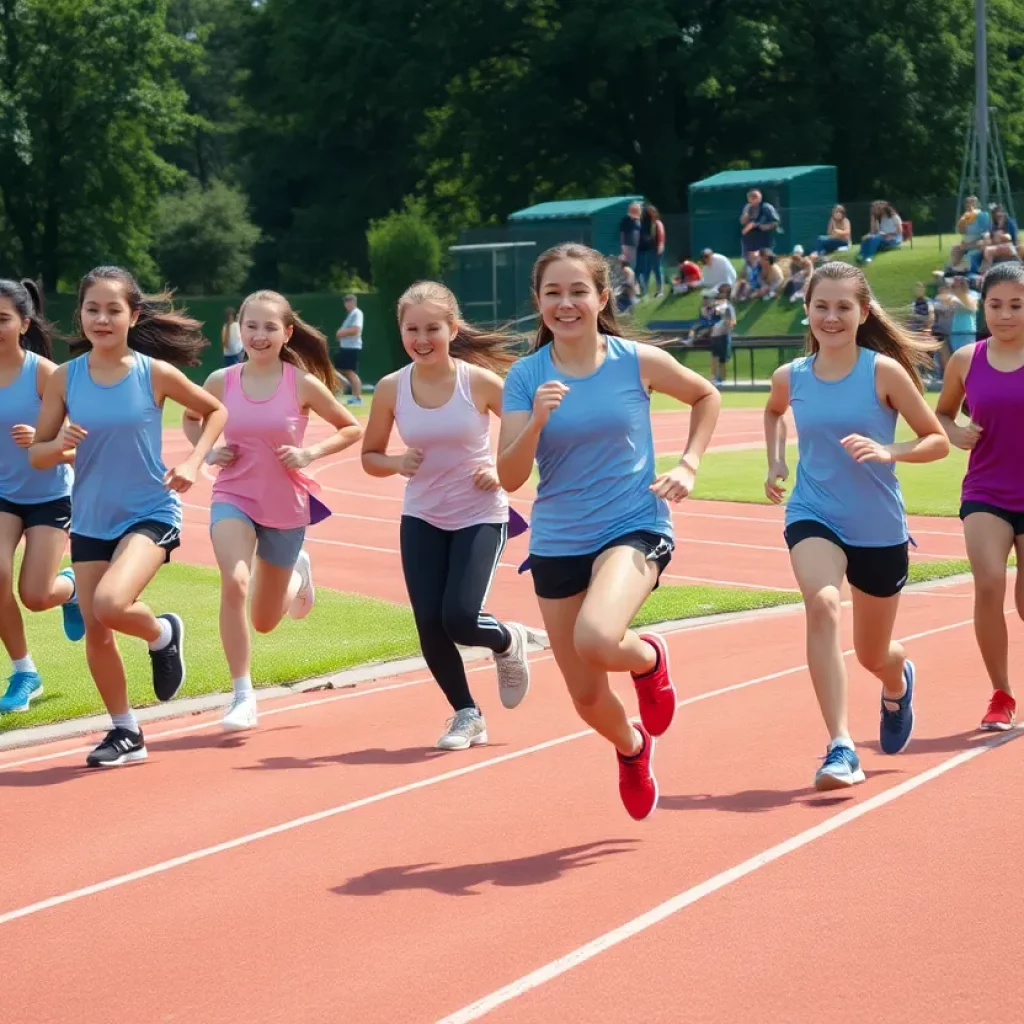 Female athletes competing in a track and field event in New York park