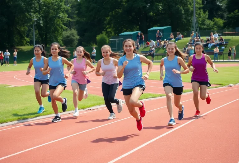 Female athletes competing in a track and field event in New York park
