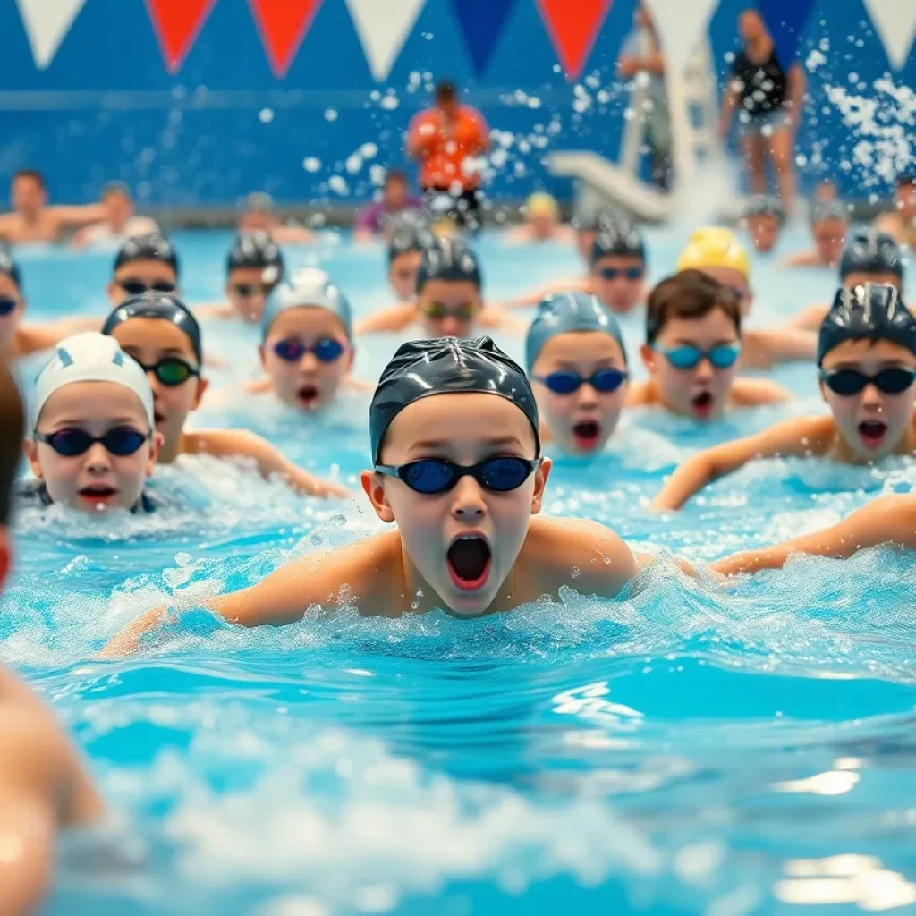 Young swimmers competing in a swimming pool