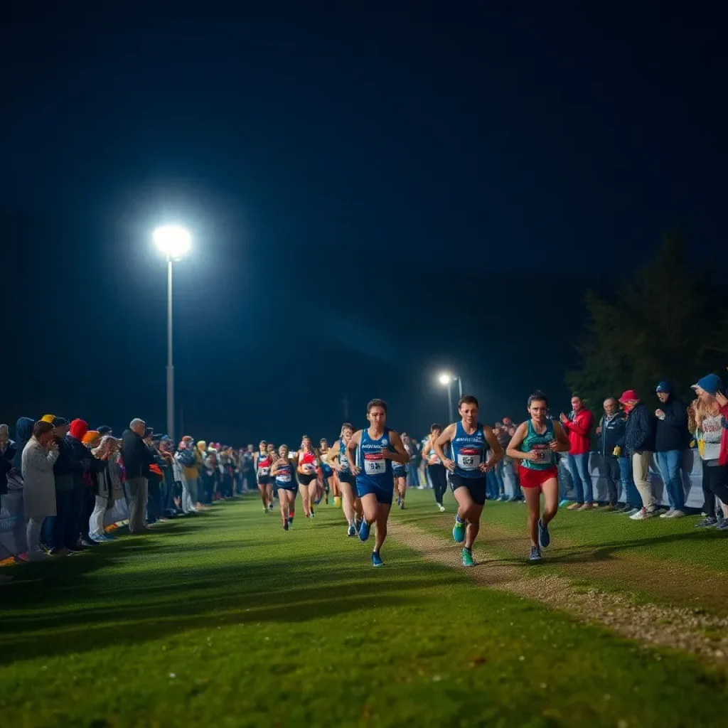 Athletes competing in the Gans Creek Classic cross country race at night.