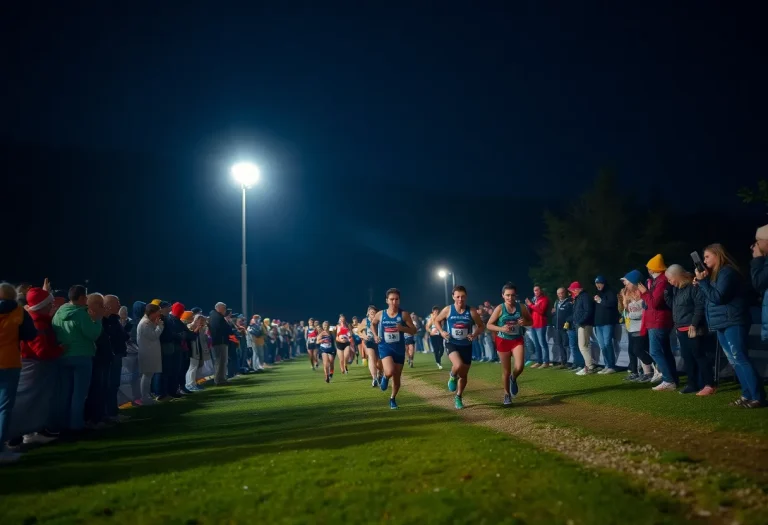 Athletes competing in the Gans Creek Classic cross country race at night.