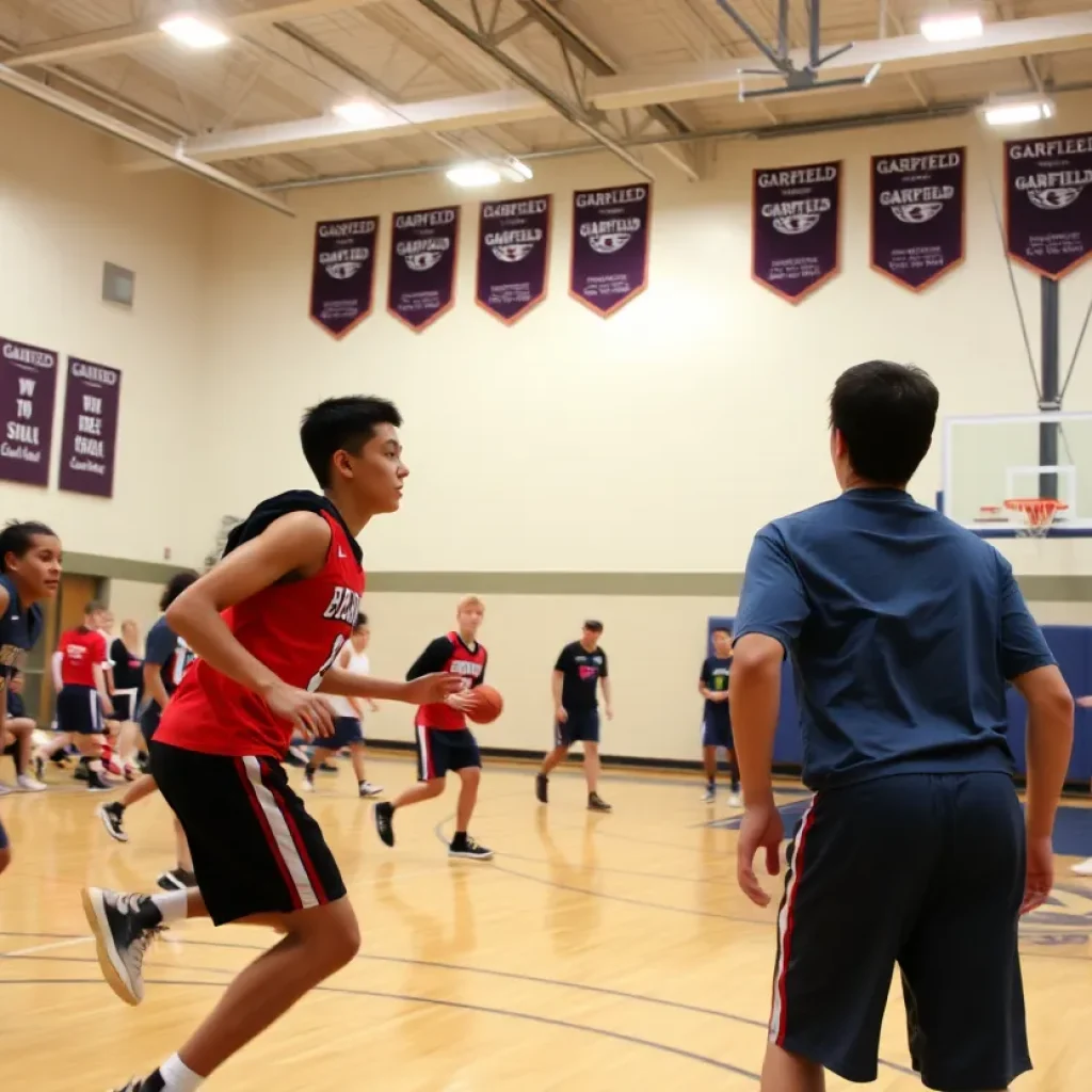 Students playing basketball on the court at Garfield High School