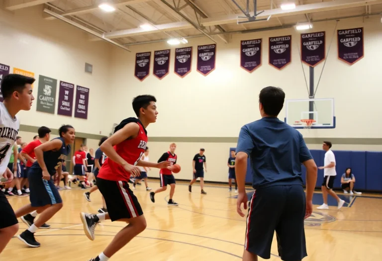 Students playing basketball on the court at Garfield High School