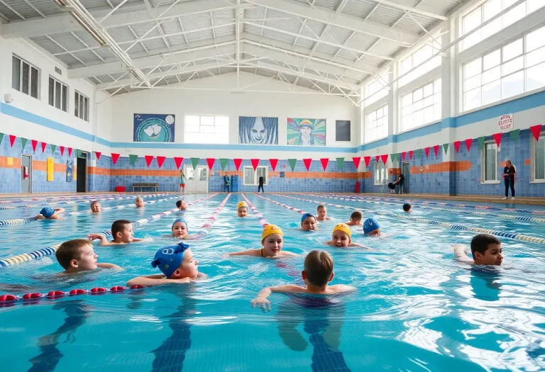 Students practicing swimming in a school aquatic center
