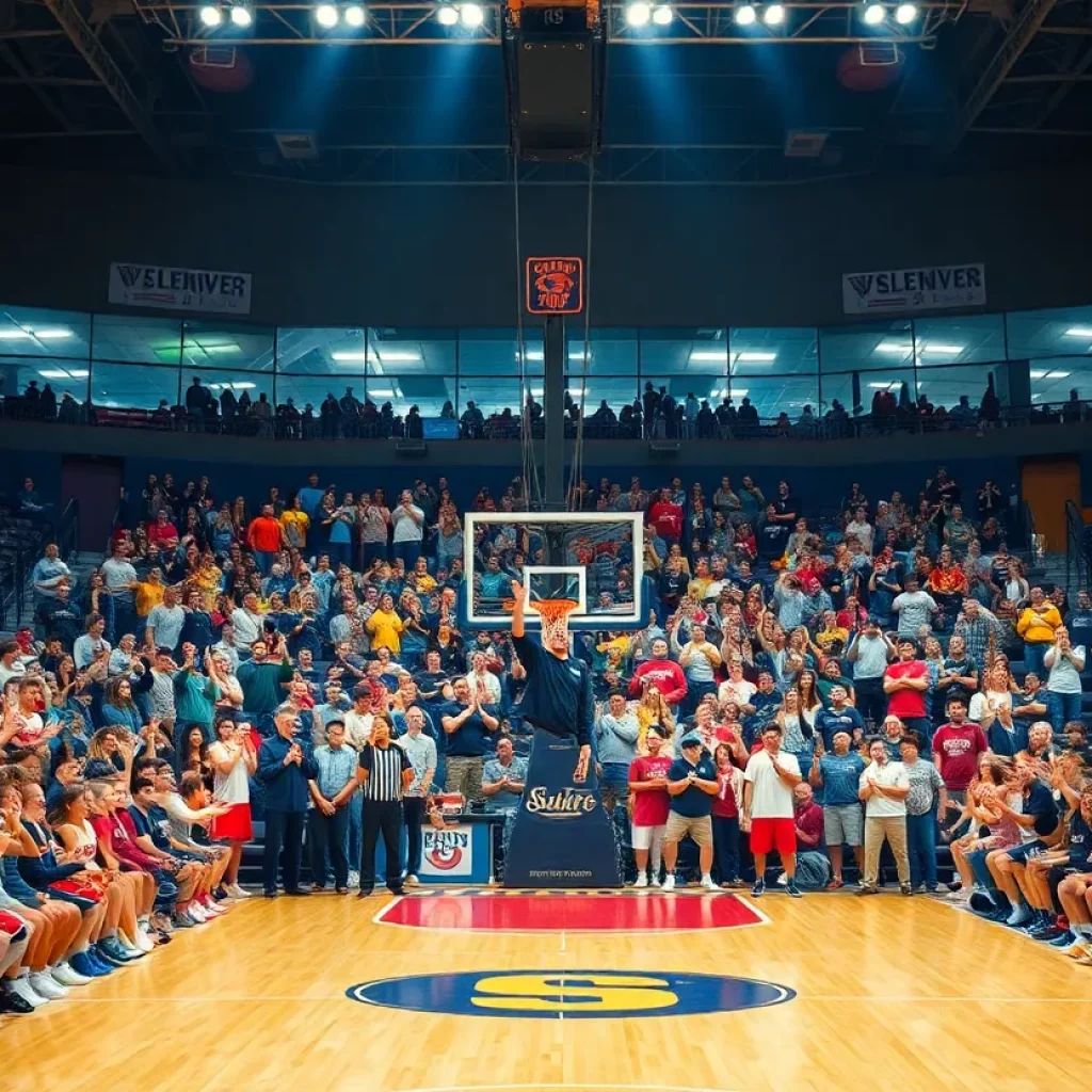 A group of enthusiastic basketball fans cheering at a game