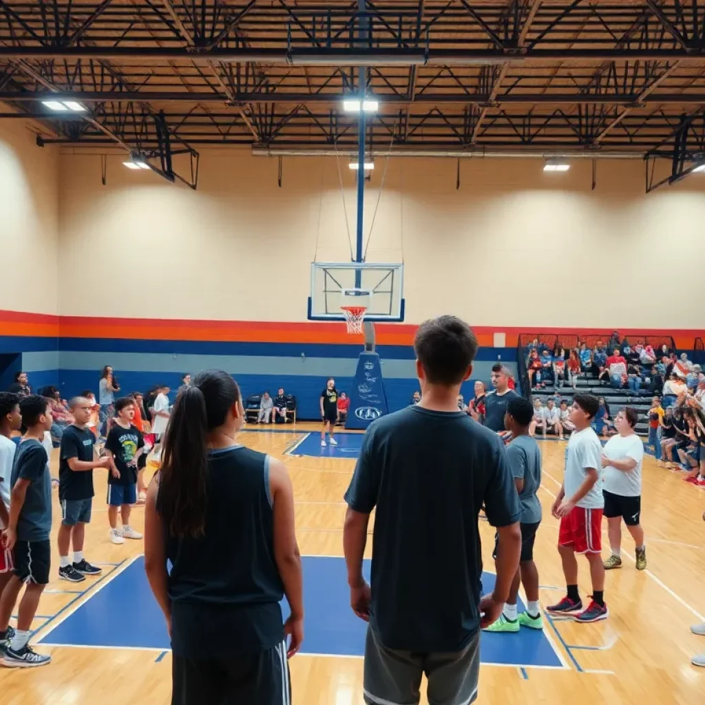 Excited high school basketball players practicing on the court
