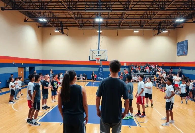 Excited high school basketball players practicing on the court