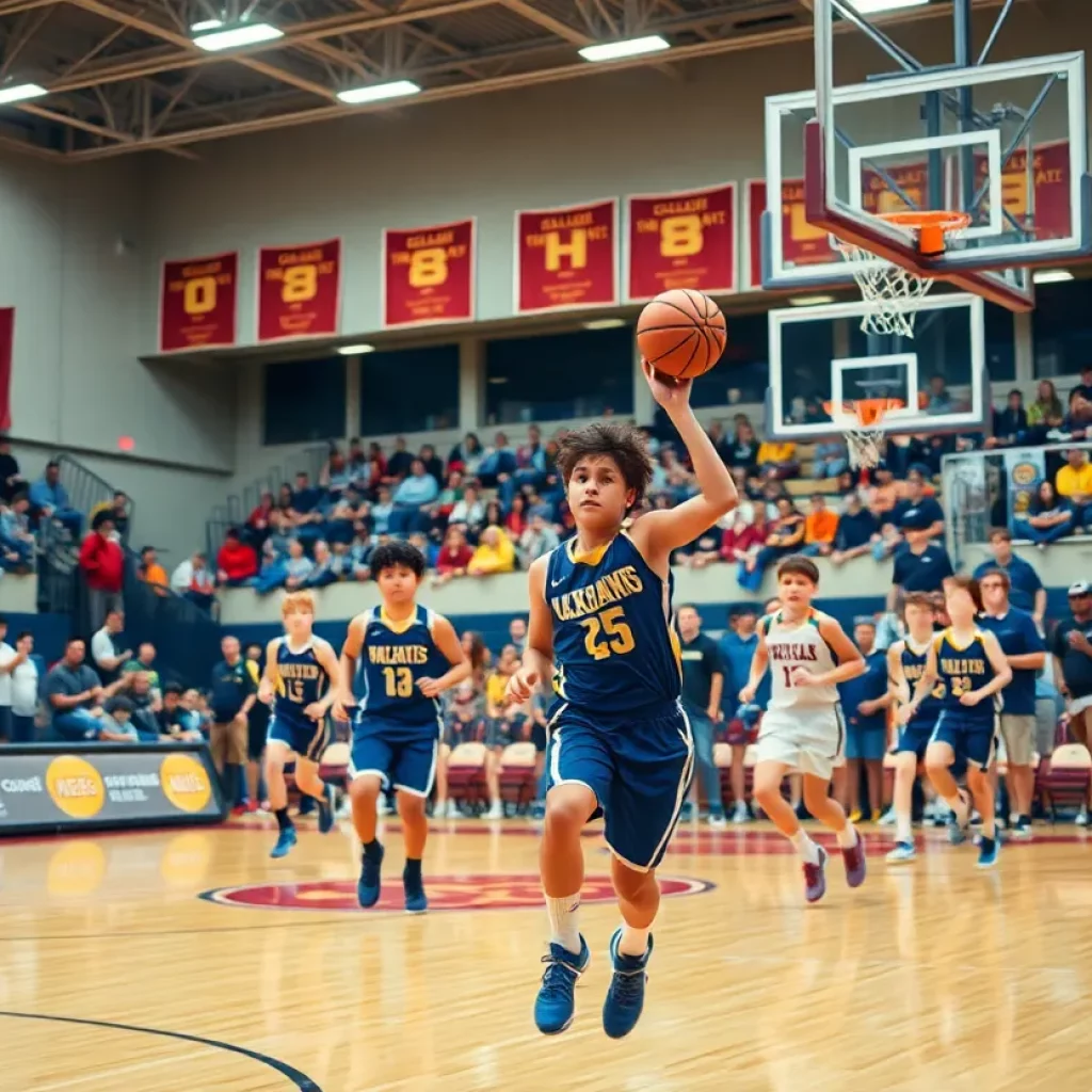High school basketball players in action at Glencoe High School