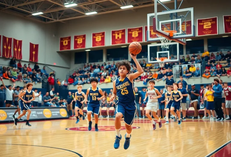 High school basketball players in action at Glencoe High School