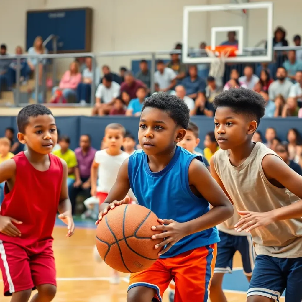 Boys playing basketball in a youth league in Greenfield
