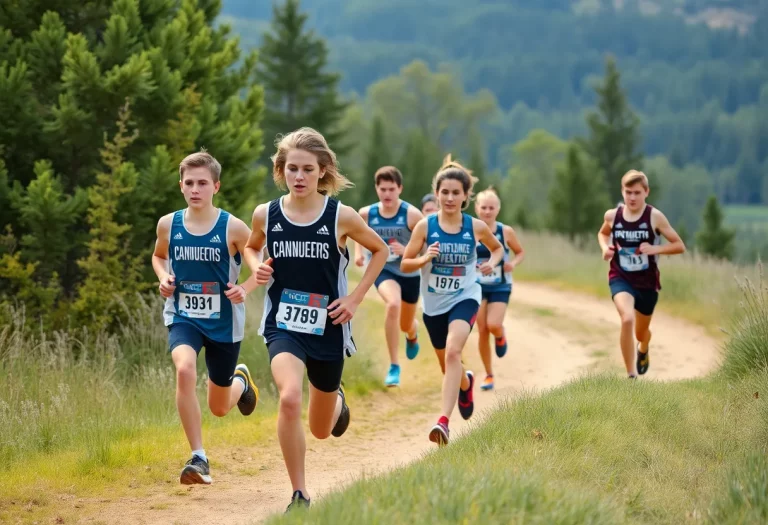 High school cross country runners competing on a trail
