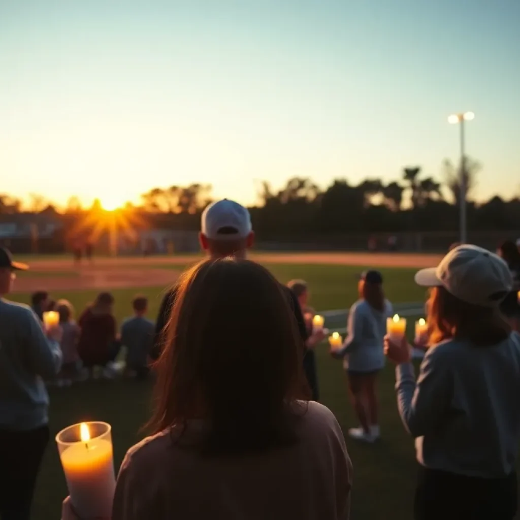 Community gathering at a softball field with candles in remembrance.