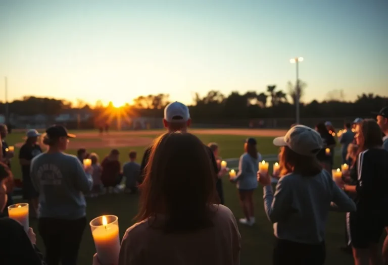 Community gathering at a softball field with candles in remembrance.