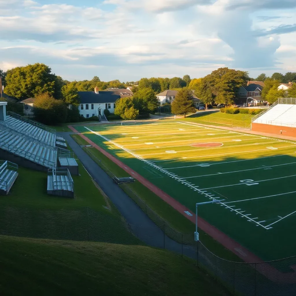 Empty high school football field representing a pause in activities
