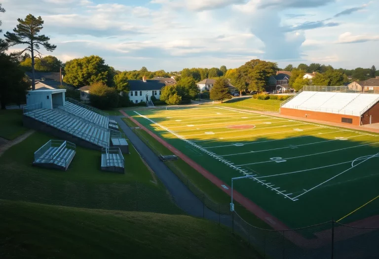 Empty high school football field representing a pause in activities