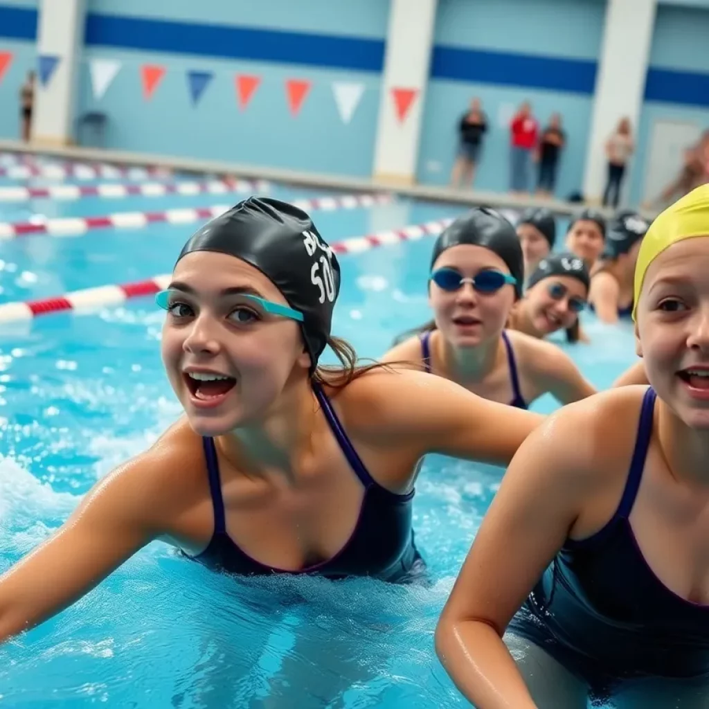 Harper Creek swimming team celebrating their victory in a relay race.