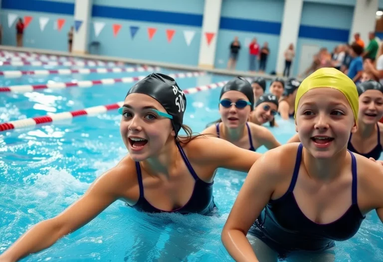 Harper Creek swimming team celebrating their victory in a relay race.