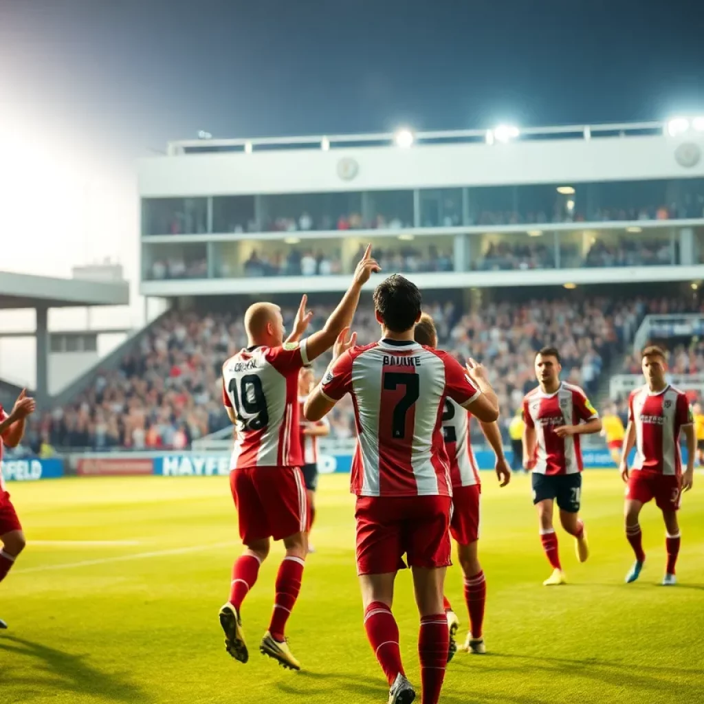 Players celebrating after winning Coach Buddy Hayford's 500th victory.