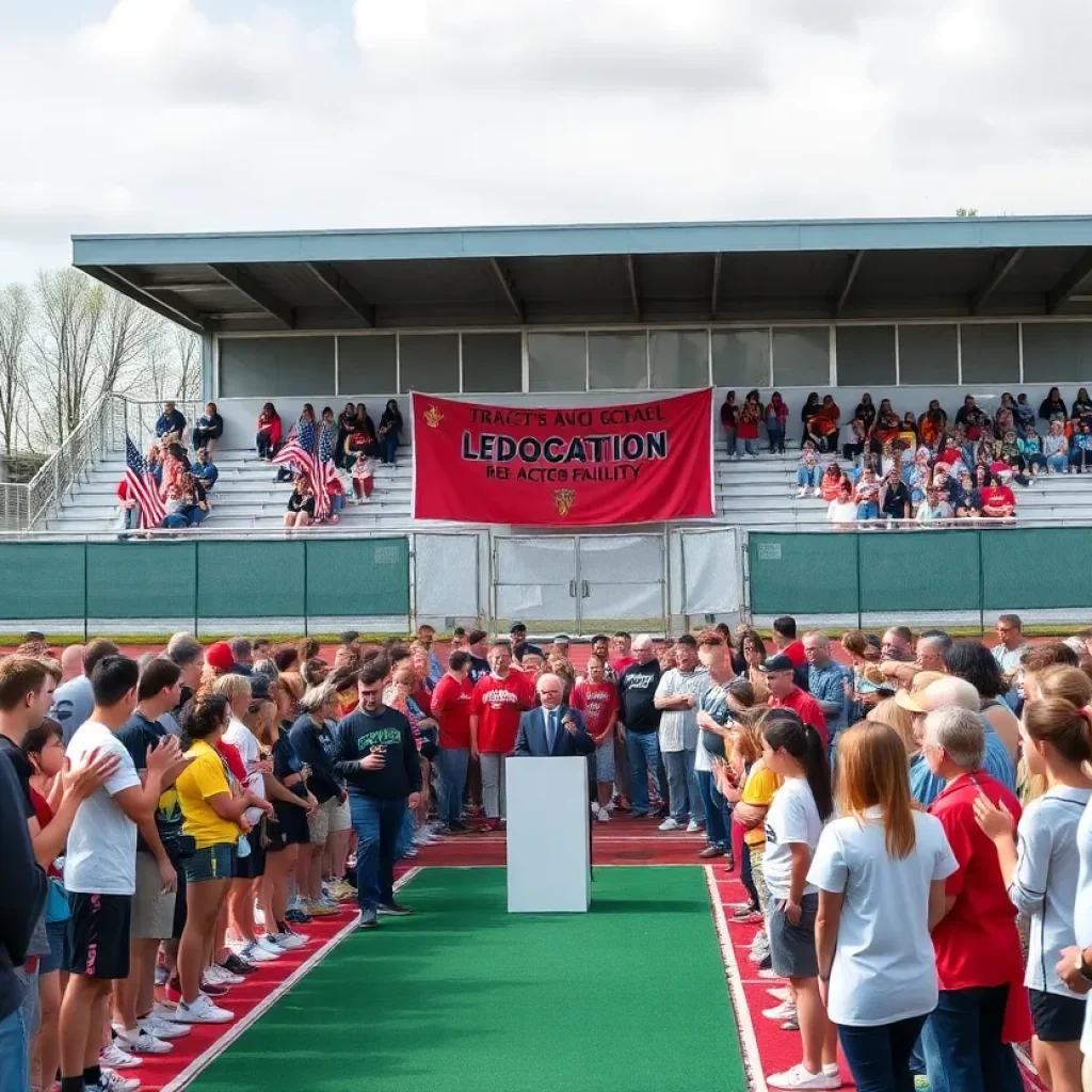 Crowd gathered at the track and field facility for the dedication ceremony honoring Coach Herman Caviness.