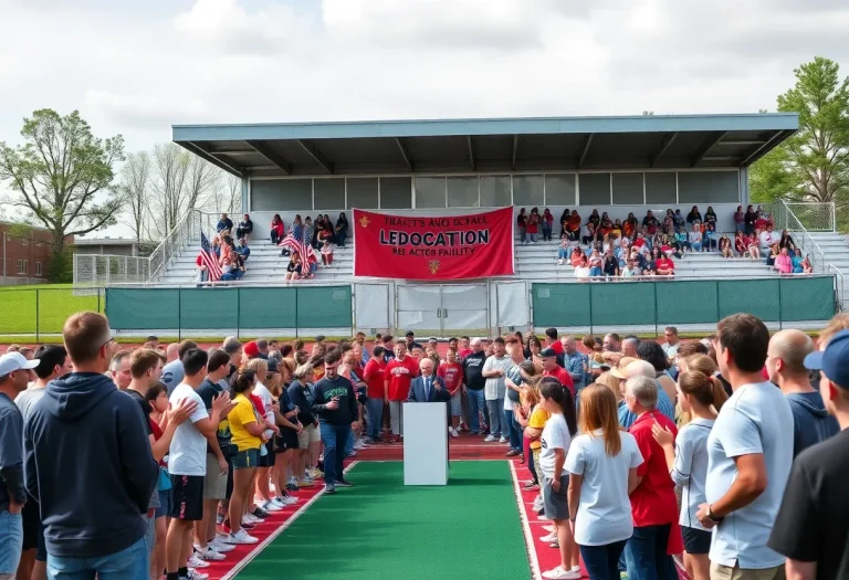 Crowd gathered at the track and field facility for the dedication ceremony honoring Coach Herman Caviness.