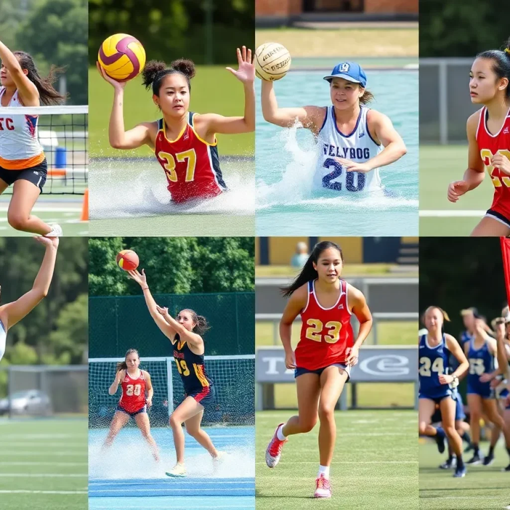 High school athletes competing in volleyball, water polo, and flag football in the Bay Area.