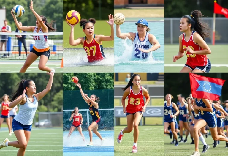 High school athletes competing in volleyball, water polo, and flag football in the Bay Area.