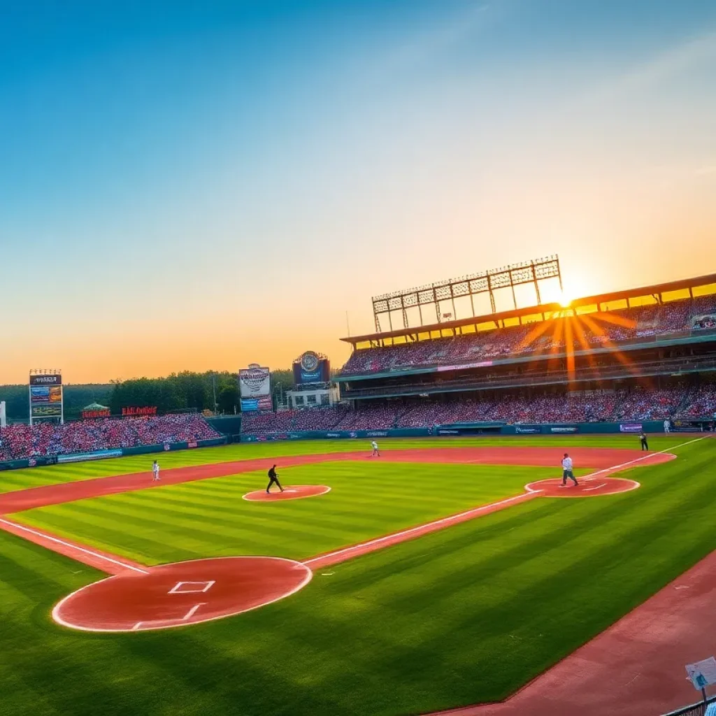 Exciting moment in a high school baseball game with players on the field and spectators in the stands.