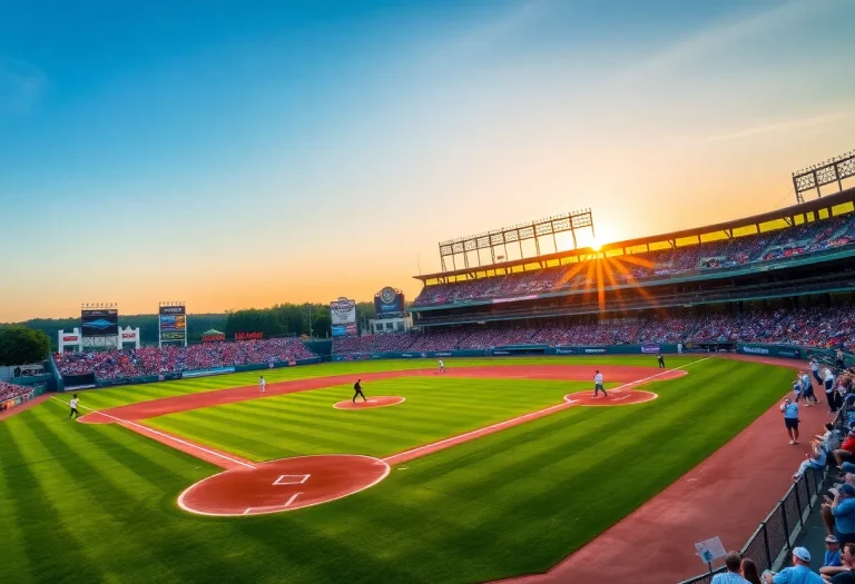 Exciting moment in a high school baseball game with players on the field and spectators in the stands.