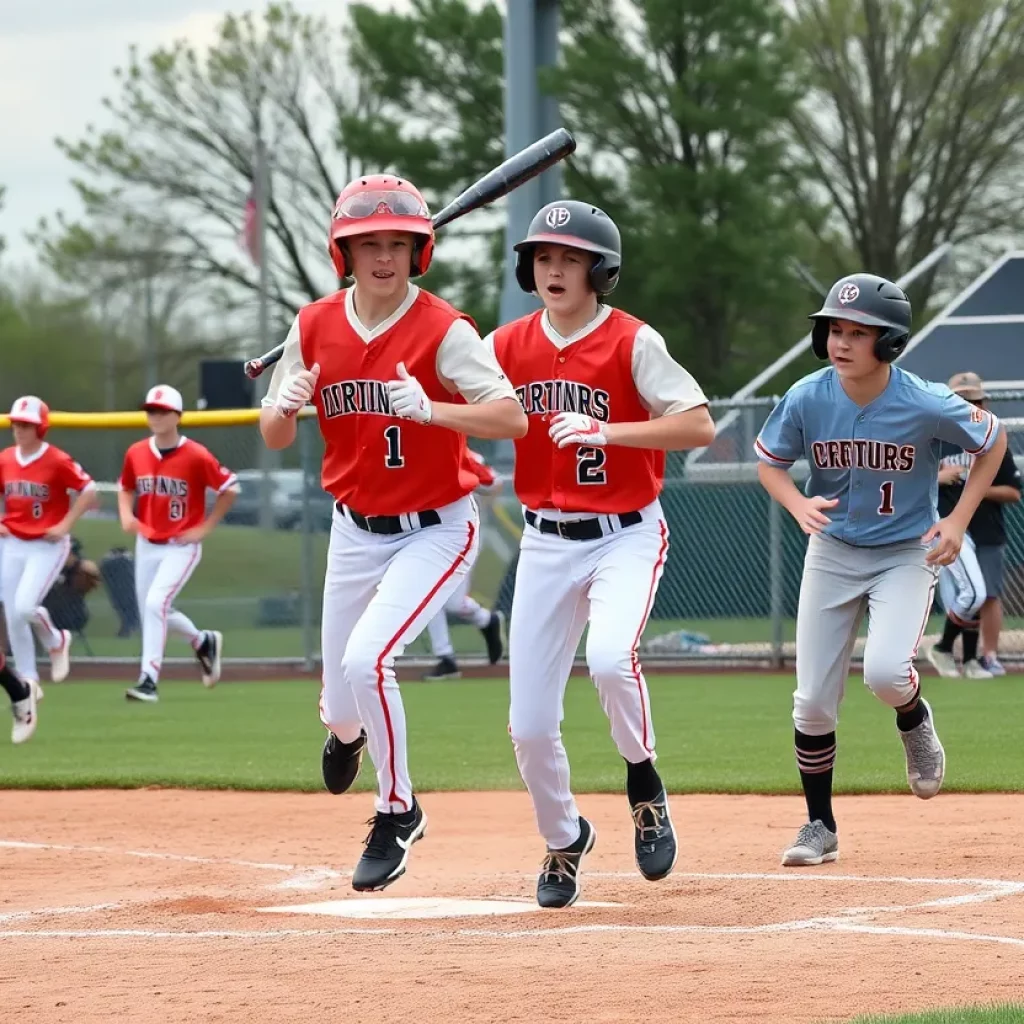 High school baseball teams in action during a game.