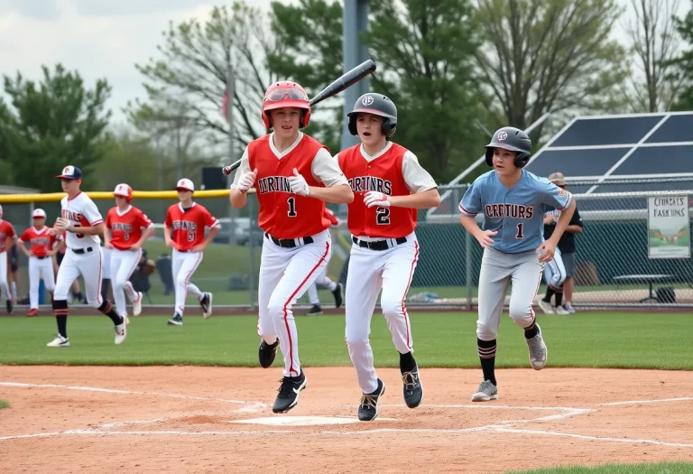 High school baseball teams in action during a game.