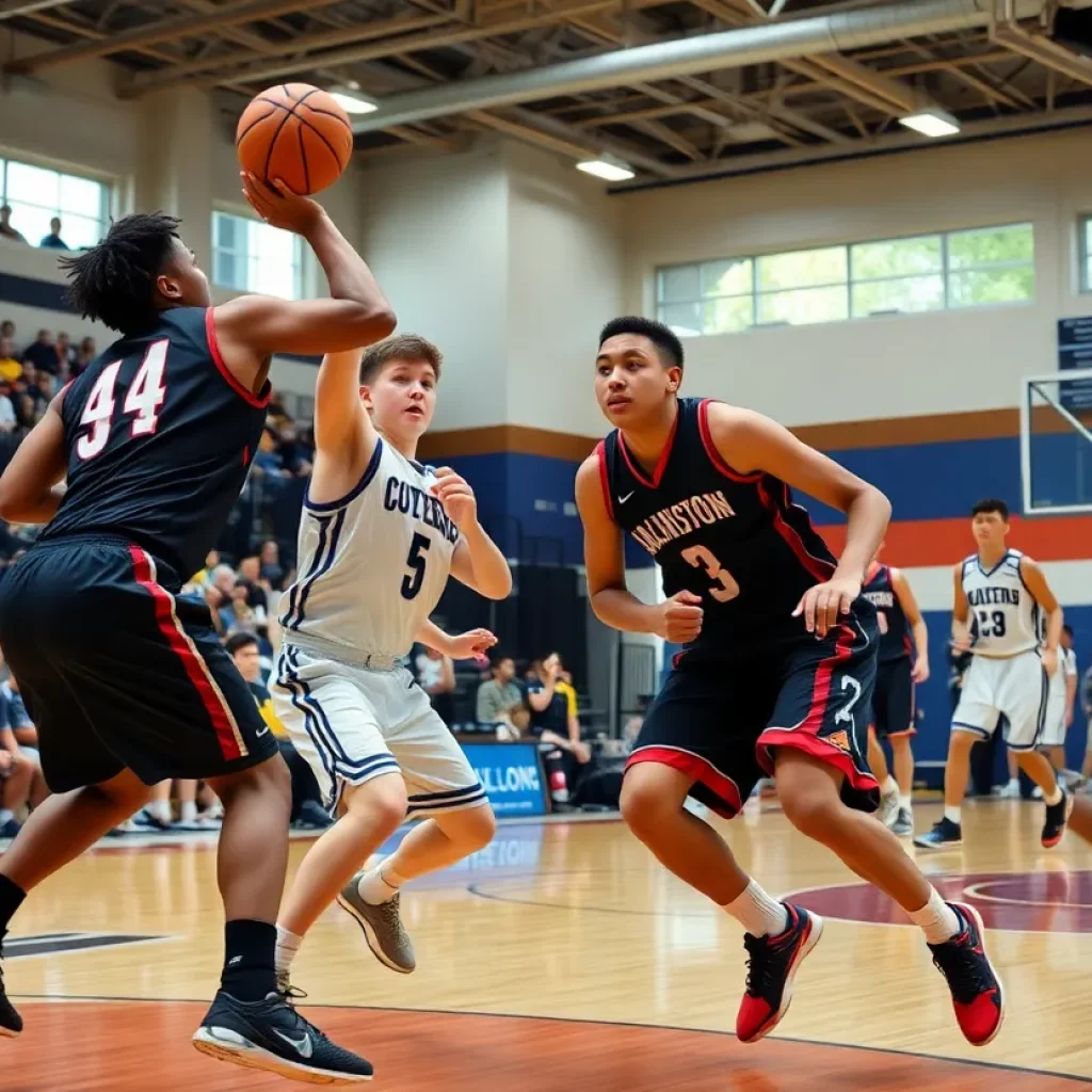 High school basketball players competing on the court